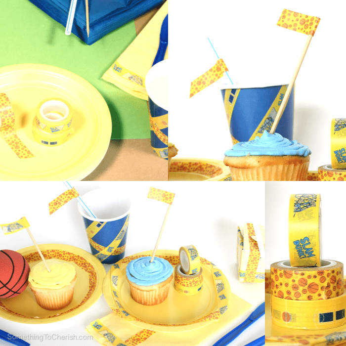 Basketball washi tape transforms party plates, napkins, and cups for game day!