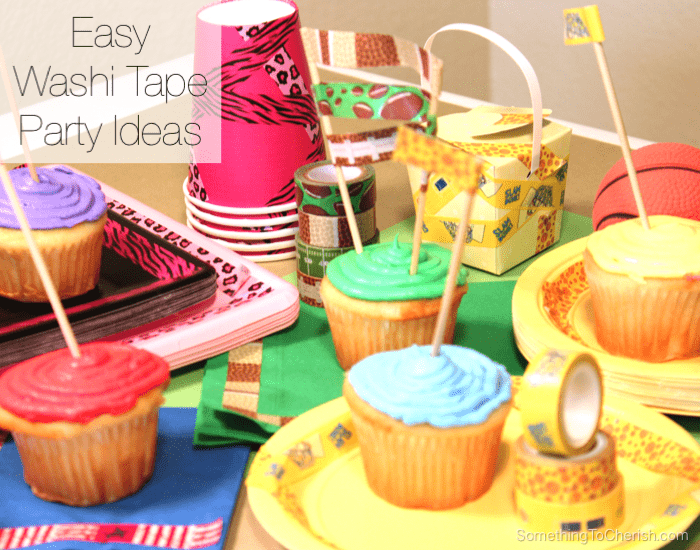 Easy party decoration ideas. Dress up plain paper party cups, plates, and napkins with decorative washi tape.