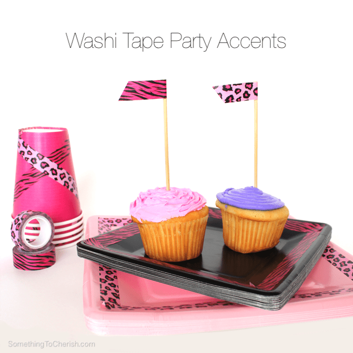Girls go wild for these pink and purple animal print washi tape accented cupcakes and partyware!