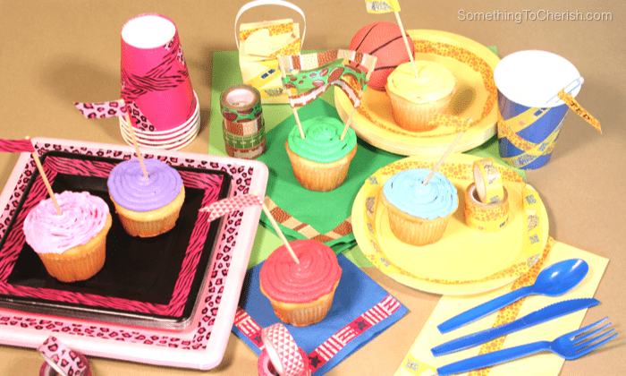 Easy party decoration ideas. Dress up plain paper party cups, plates, and napkins with decorative washi tape.