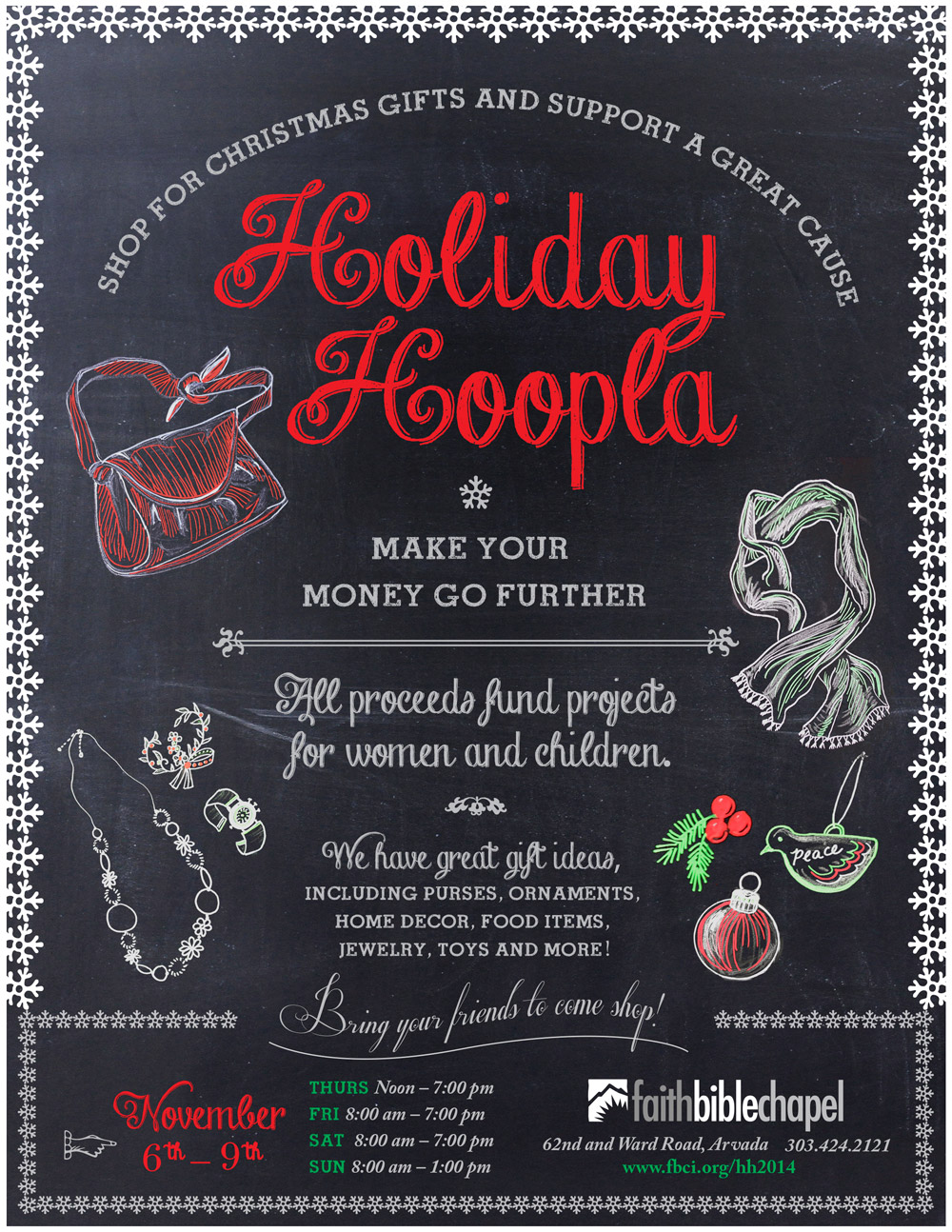 Flyer: Holiday Hoopla Chalk Art Campaign Illustrated and Designed by Cherish Flieder