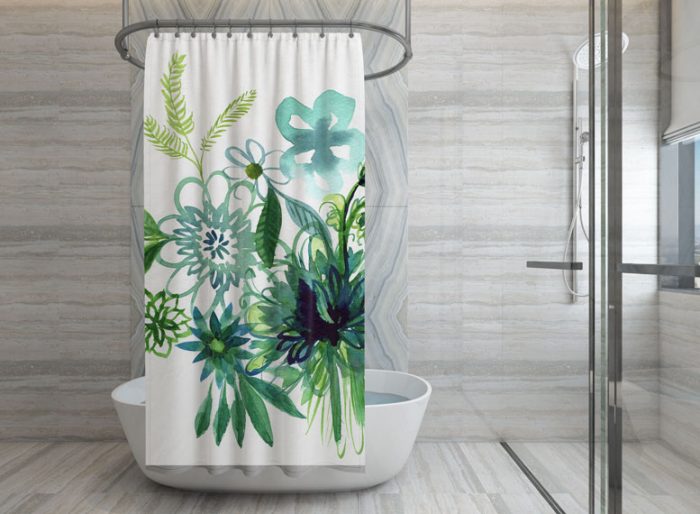 Aqua and Green Watercolor Flower Shower Curtain designed by Cherish Flieder - Something to Cherish